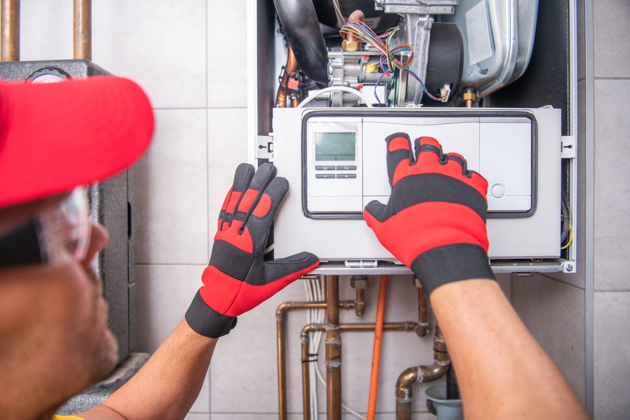 Professional conducting a gas furnace repair in a residential home, New Braunfels, TX Professional conducting a gas furnace repair in a residential home, New Braunfels, TX